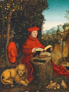Albrecht von Brandenburg, Ausschnitt aus: Kardinal Albrecht von Brandenburg als Heiliger Hieronymus (Lucas Cranach der Ältere 1527); Wikipedia gemeinfrei