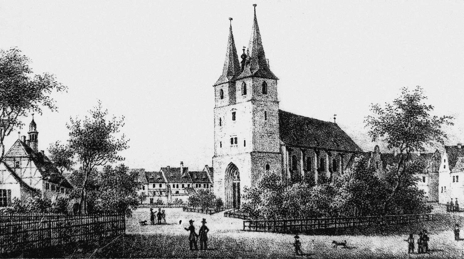 St.-Stephani-Kirche und Kirchplatz in Calbe/Saale um 1850; Foto Heimatstube Calbe/ Saale