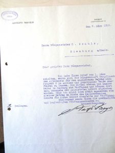 Letzte Seite der von Adolf Meyer unterzeichneten „Stiftungsurkunde“, Bern, 22. Februar 1929; Stadtarchiv Nienburg/ Saale 