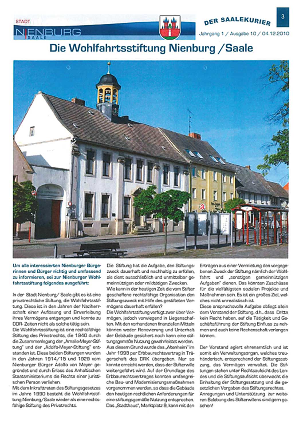 Vorstellung der Wohlfahrtsstiftung Nienburg (Der Saalekurier, H. 10/2010)