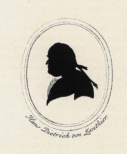 Bisher einzig bekanntes Porträt (Scherenschnitt) von Zanthier aus dem Forst-Archiv zur Erweiterung der Forst- und Jagd-Wissenschaft und der Forst- und Jagdliteratur, hrsg. v. Gottfried von Moser, Bd. 9 (1790); Aus:  G. v. Moser, Forst-Archiv, Bd. 9 (1790) 