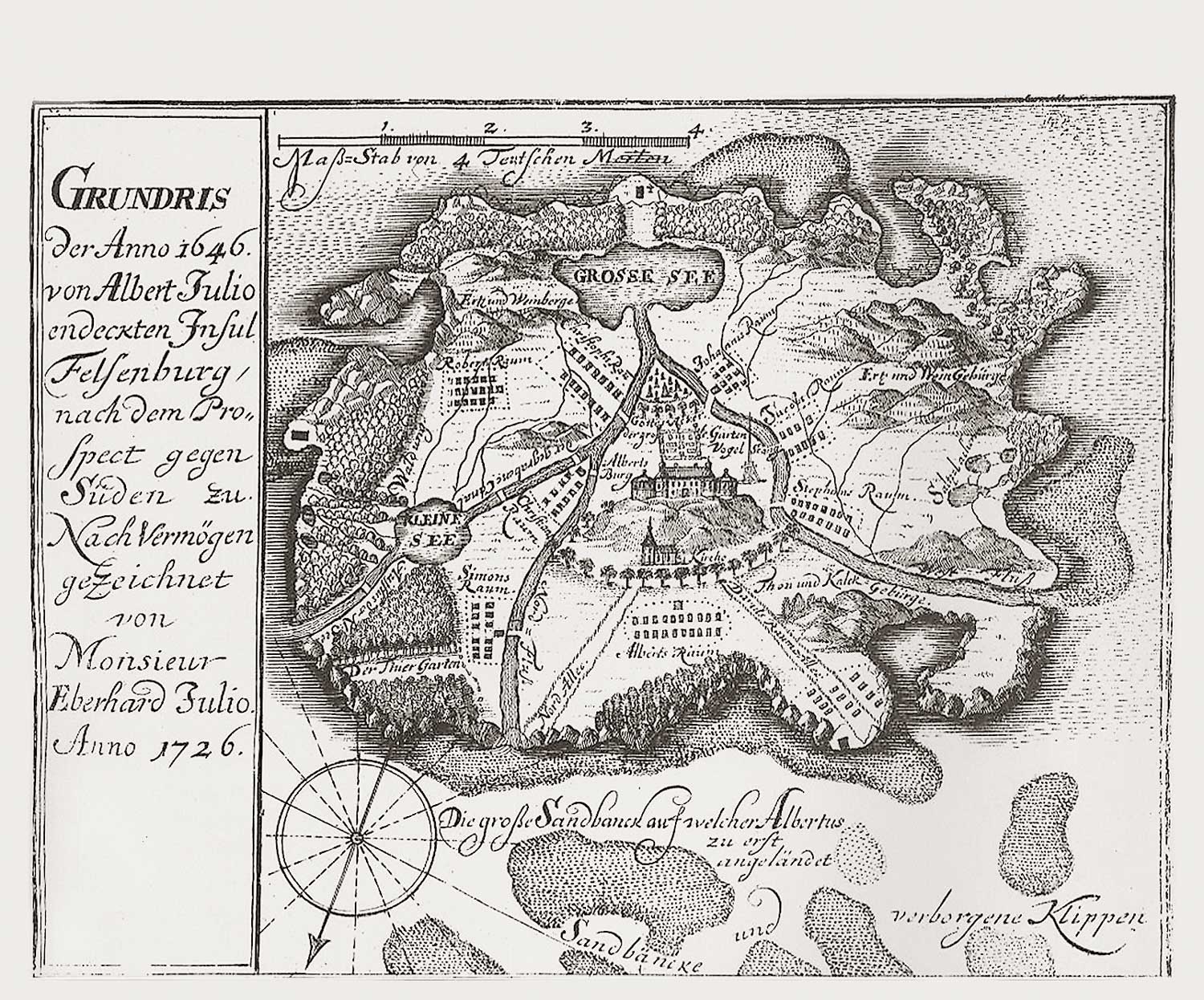 Karte der Insel Felsenburg, 1731, gemeinfrei https://de.wikipedia.org/wiki/Insel_Felsenburg#/media/File:Insel_Felsen­burg_map.jpg 