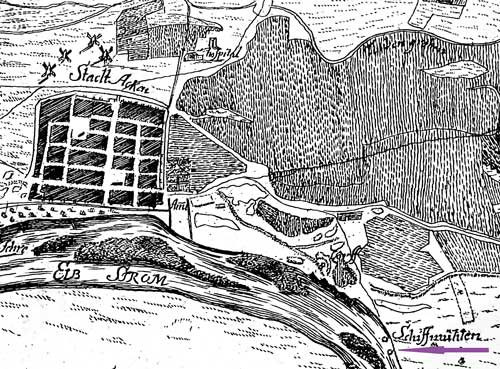 Bild 1: Eine frühe, nach Süden ausgerichtete kartografische Darstellung um 1700 mit zwei erkennbaren Schiffmühlen im Elbebogen.  Chronica des M.J.H.  Häveckers, Halberstadt 1720.