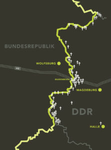 Kartographische Darstellung jener Orte auf dem Gebiet des heutigen Landes Sachsen-Anhalt, an denen Menschen Opfer des Grenzregimes wurden (Teil der Ausstellung: „An der Grenze erschossen“, Layout: eckedesign).